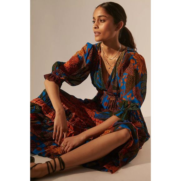 New Anthropologie x Farm Rio Puff Sleeve Maxi Dress sz XS - Picture 2 of 9